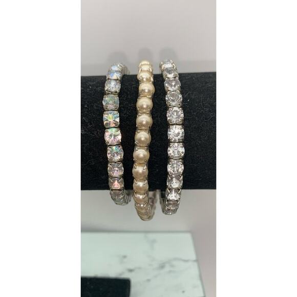 Vintage Lot Of 3 Prong Set AB & Clear Rhinestone & Faux Pearl Bracelets Stretch - Picture 3 of 7